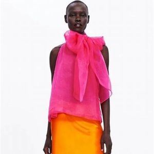 Zara NEW Hot Pink Organza Bow top XL plus